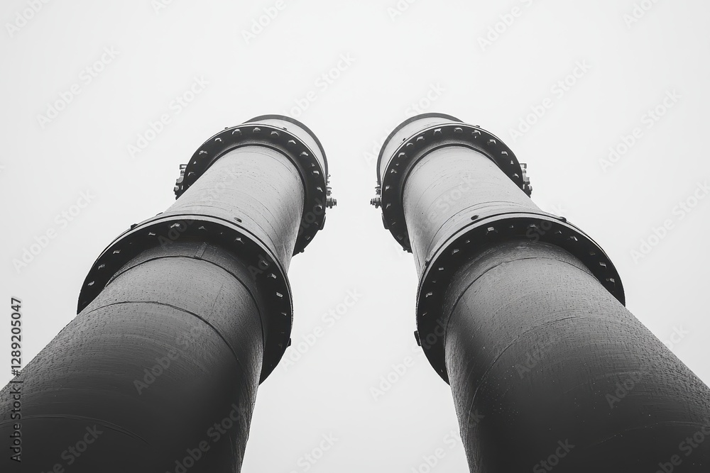 Poster industrial pipelines contrasted with minimalistic architectural structures .
