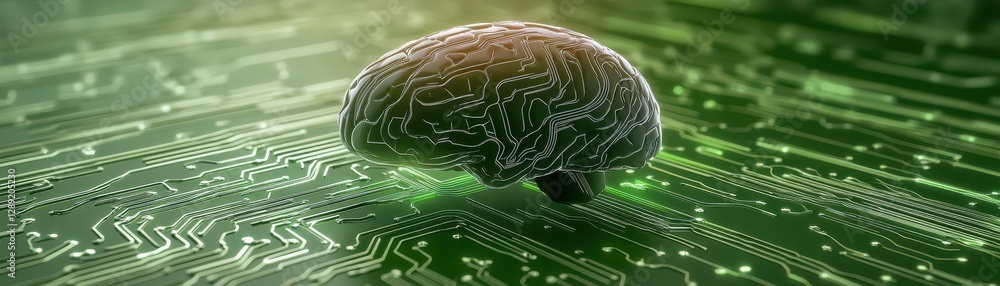 Poster illuminating intelligence, brain circuitry on green background symbolizing technological innovation 