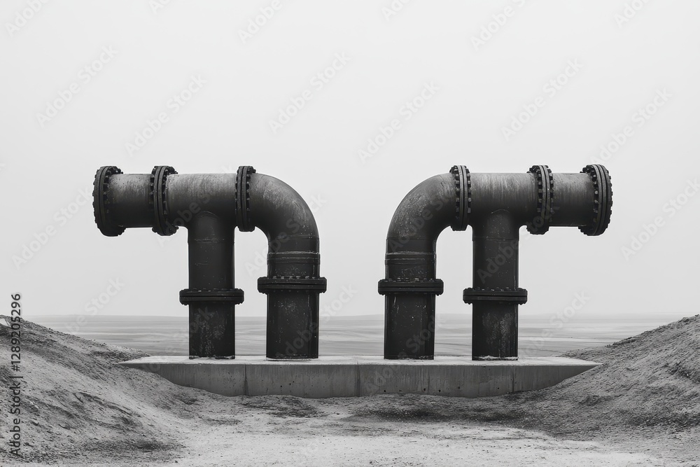 Poster industrial pipelines contrasted with minimalistic architectural structures .
