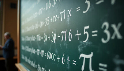 Mathematical equations on a blackboard featuring Pi symbol for Pi Day with a blurred teacher in the background