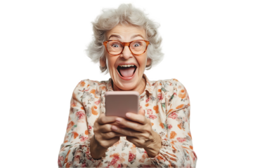 Excited senior woman using smartphone.