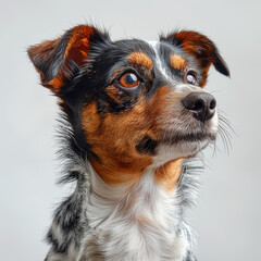 Close-up of a white and tan Jack Russell Terrier or similar breed, with expressive eyes and some black markings on the muzzle The image is in focus, showcasing vibrant colors and textu - AI-Generated