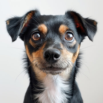 recommend clip art: Close-up of a mixed breed dog with brown, black, and white fur, looking attentive or curious, wet nose, small tuft at tail end, light background - AI-Generated