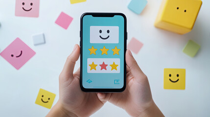 Mobile Phone Displaying Customer Feedback Survey with Smiley Faces and Star Ratings