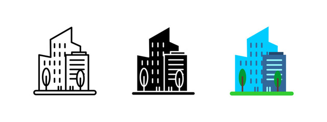 Skyscraper icon. High-rise building pictogram. Modern architecture and urban skyline symbol. Office tower and real estate vector illustration. Business district and commercial infrastructure concept.