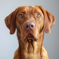 Close-up of Irish Setter with expressive eyes, slightly tilted head, curious or attentive expression, light bluegrey eyes contrasting with red fur, silky coat, dark nose, professional - AI-Generated