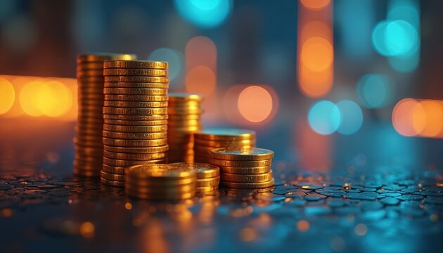 Piles of golden coins on abstract blurred background. Budget, investment, savings planning. Concept for cost optimization, efficiency, infrastructure, automation. Economic performance, value,