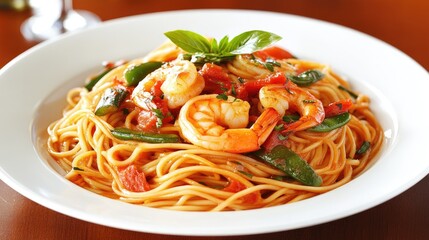 A close-up of udon stir-fried with colorful vegetables, shrimp, and a drizzle of soy sauce, showcasing the vibrant colors and textures of this delicious dish.