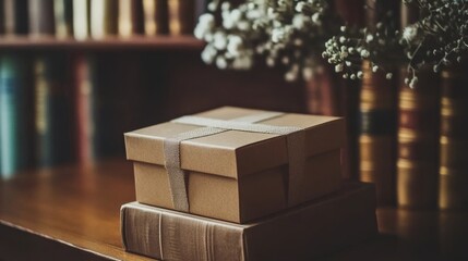 Rustic Gift Box on Wooden Table with Vintage Book and Decor
