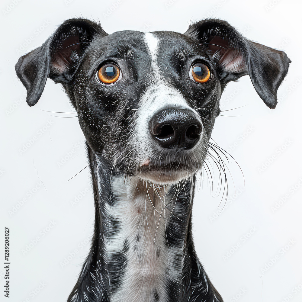 Poster image of a whippet dog with distinctive face and gentle expression, showcasing black fur with white 