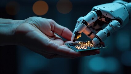 A robot arm with microchips and a human hand in close-up