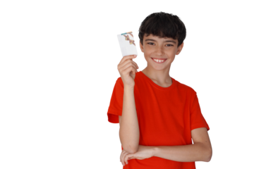 png, transparent background, isolated, online shopping and adolescence. preteen with a gift card for online shopping	