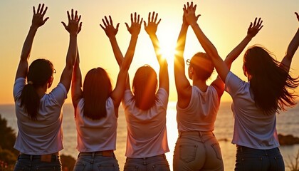 Joyful Women Celebrating Freedom Against Vibrant Ocean Sunset