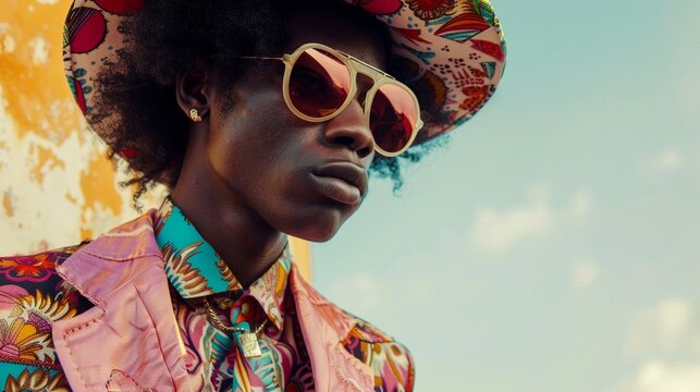 Stylish african american man in vibrant suit and retro sunglasses portrait image. Wide-brimmed hat black guy picture photorealistic photography. Fashion model concept photo realistic