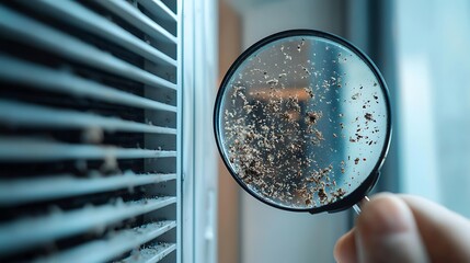 Look through the magnifying glass to the Particle dust and dirt inside an air conditioner. PM2.5 pollution in living room. Poor air quality causes respiratory diseases. Look through the magnifying gla