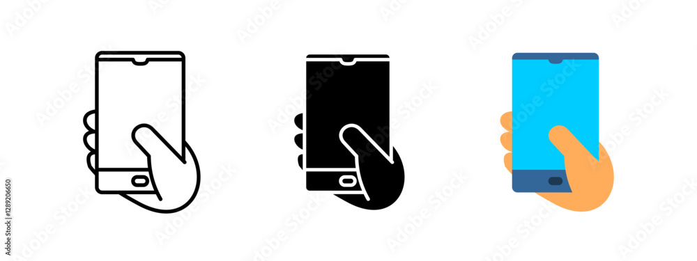 Aufkleber hand holding smartphone icon. mobile device symbol. digital touchscreen vector illustration. communi