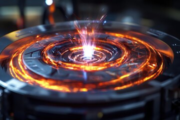 Spiraling energy pattern in a futuristic circular device at night