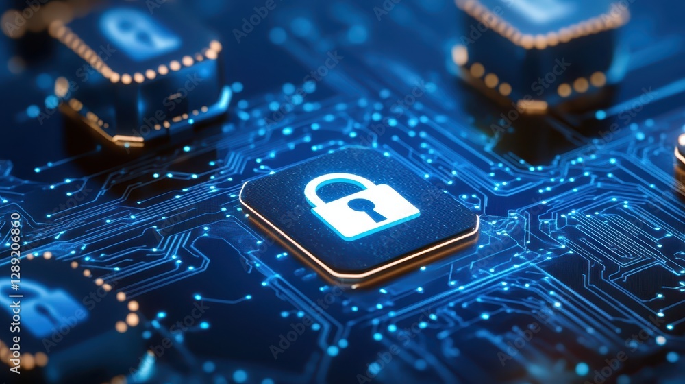 Poster cybersecurity and data protection, padlock on circuit board symbolizing digital security