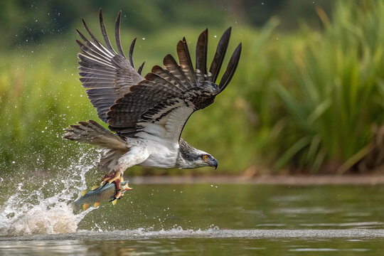 Majestuosa &Aacute;guila Pescadora en Pleno Vuelo sobre el r&iacute;o