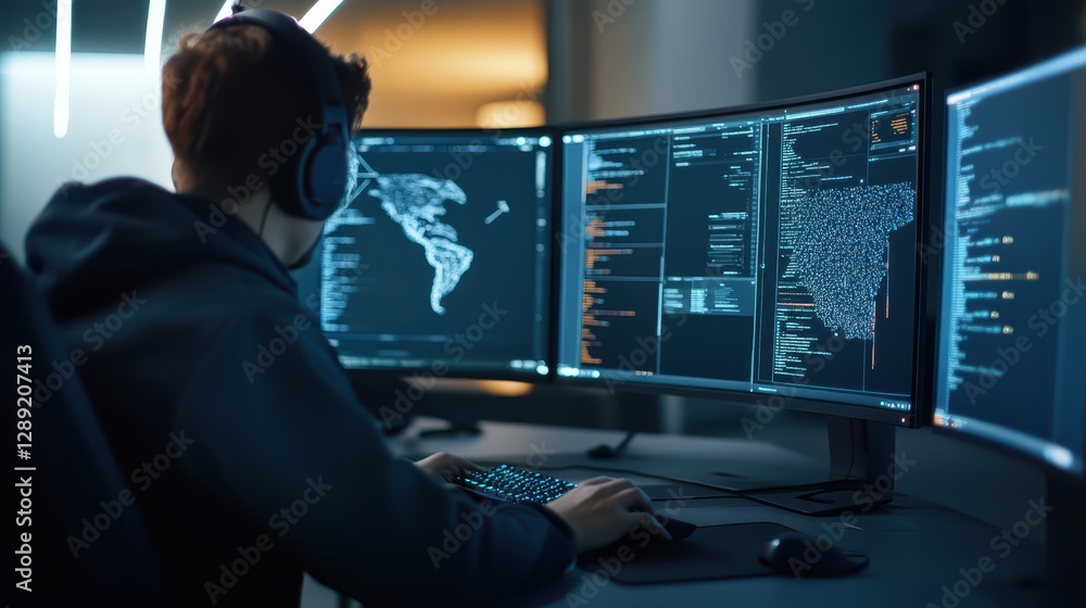 Poster focused person working efficiently on computer with headphones, enhanced productivity and concentrat