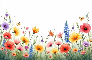 Vibrant watercolor illustration of assorted wildflowers in meadow. Various colors, types create fresh, lively floral border. Rural garden beauty. Palette theme decor background for invitations,