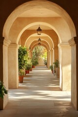 Obraz premium Oriental style arch, soft beige or light sand color, soft sunlight passes through the arch, creating a warm atmosphere suitable for photography. Minimalist beige arch. Background and showcase