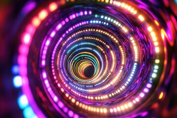 Colorful spiral of lights creating an illusion of depth in a dark space