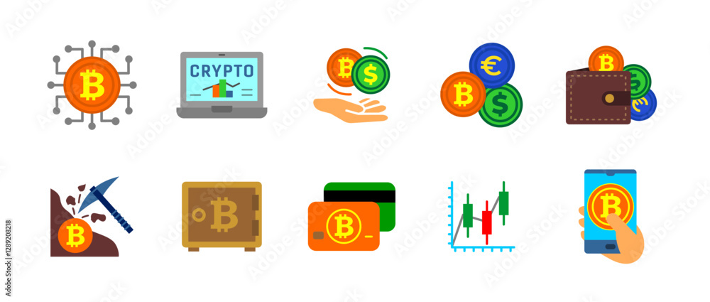 Poster crypto icon set colorful. symbols of blockchain, bitcoin, digital wallets and cryptocurrency transac