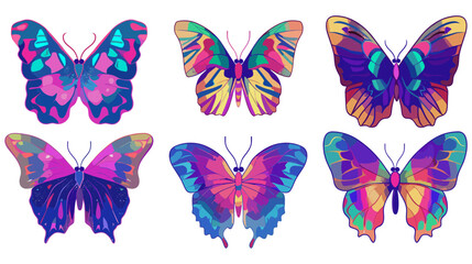 Neon butterflies, psychedelic illustrations, vector isolated art, colorful butterflies, bright saturated colors, vibrant neon designs, butterfly vector illustrations, abstract neon butterflies