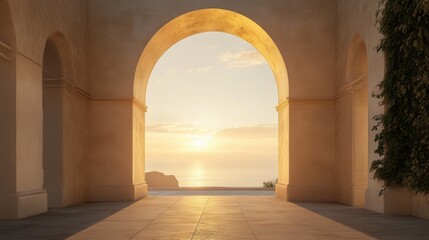 Obraz premium Oriental style arch, soft beige or light sand color, soft sunlight passes through the arch, creating a warm atmosphere suitable for photography. Minimalist beige arch. Background and showcase