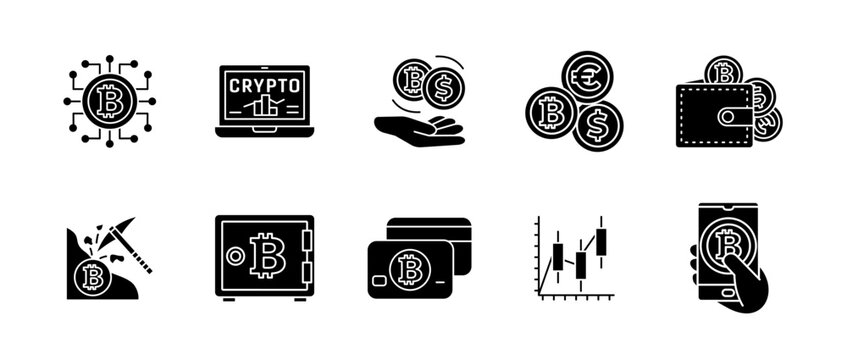 Crypto icon set black. Symbols of blockchain, bitcoin, digital wallets and cryptocurrency transactions. Vector icons for mining, investment, exchange and secure payment solutions glyphs silhouette.