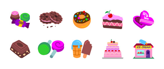 Fototapeta premium Sweets and desserts colorful icon set. Colored collection of delicious treats. Cake, candies, ice cream, cookie, lollypop and chocolate. Bakery, confectionery and pastry-related vector icons.