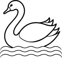 Swan floating on water line drawing vector illustration 
