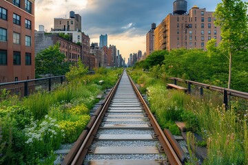 Obraz premium Evening Stroll Through High Line Park: Urban Garden on Historic Railway in Manhattan, New York City