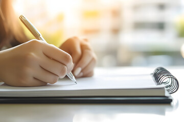 A close-up of hands writing in a notebook, pen on paper with sunlight, a business concept background