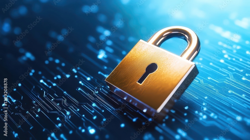 Poster cybersecurity padlock protecting circuit board, ensuring data protection and network security