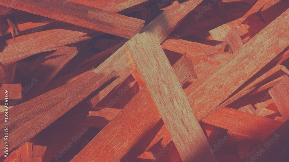 Poster Abstract texture of loosely packed osb strands in vibrant red tones for background design