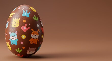 Easter design chocolate Easter egg decorated with animal designs, cartoon characters and whimsical patterns that children especially like. 