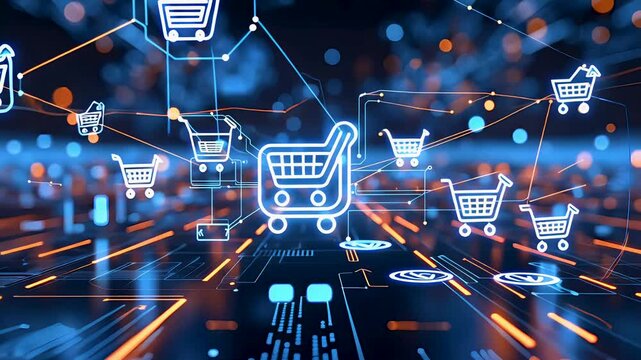 Glowing e-commerce shopping cart icons connected by digital lines on a futuristic online marketplace network

