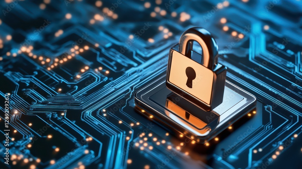 Poster electronic padlock on circuit board, protecting digital data and network security