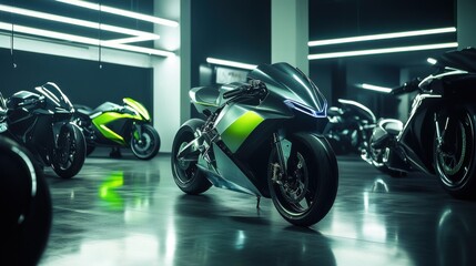 A car showroom showcasing electric motorcycles with advanced tech. Featuring speed and sustainability