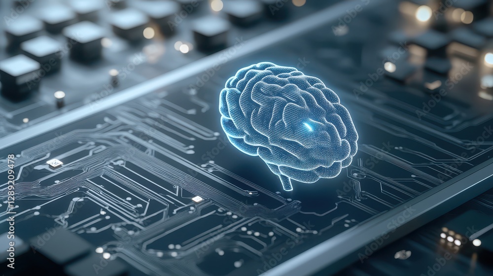 Poster illuminating intelligence, brain circuitry in a technological landscape, exploring innovation and th