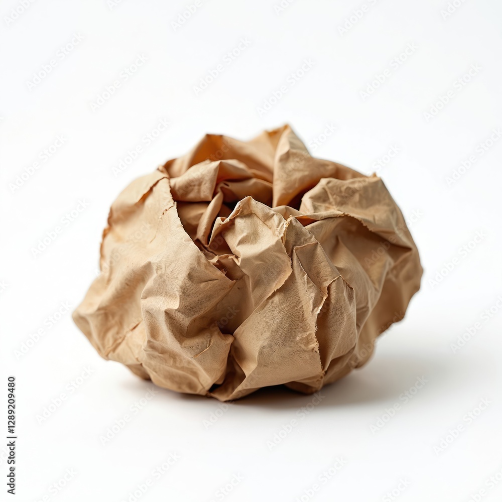 Poster crumpled ball of brown parchment paper on white background. ripped and wrinkled sheet with rough tex