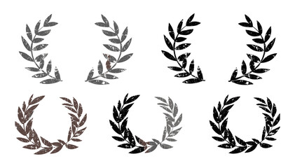Vector grunge stamp style Laurel wreath icons with distressed texture, isolated on transparent background, decorative, vintage design, textured icons, emblem, symbol, retro design.