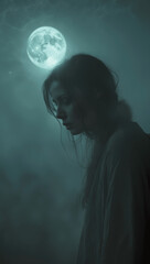 Fototapeta premium Mysterious figure stands in fog with a glowing full moon in the background during the night