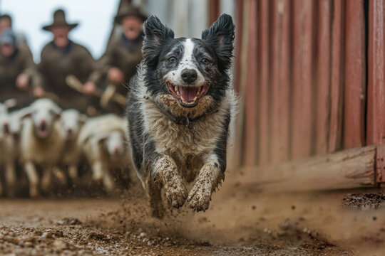 A Koolie dog herding sheep, alert and energetic, natural setting