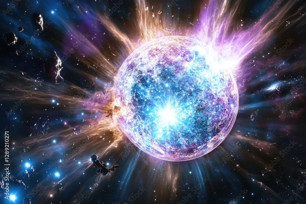Poster bright cosmic star explosion in colorful outer space setting with distant celestial bodies