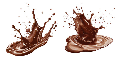 Vector chocolate splash isolated, liquid swirl, white background, cocoa splash, smooth syrup, sweet chocolate flow, transparent PNG, delicious treat, dessert splash