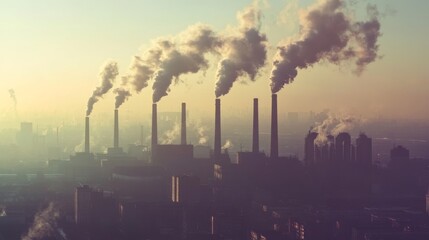 Pollution from Industrial Stacks Emitting Smoke into Sky