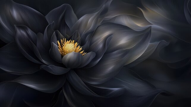 Striking contrast, captivating closeup of black flower with radiant yellow center